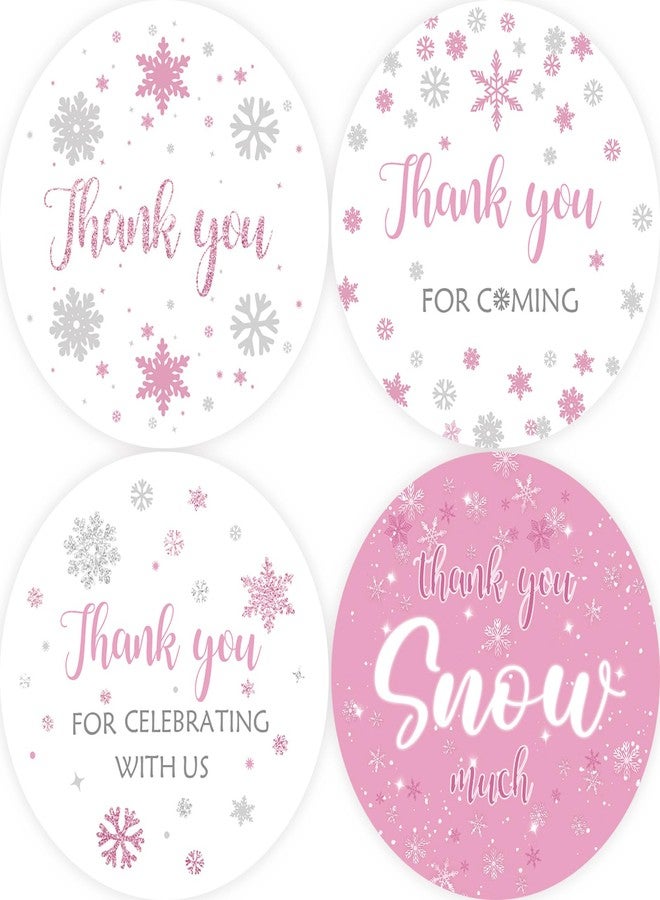 FORSHEEP 80pcs Snowflake Thank You Stickers, Thank You Snow Much Round Stickers, Winter Wonderland Labels, Pink Snowflake Round Labels for Winter/Wedding Party Favors - Image 1